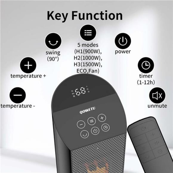 Space Heater for Indoor Use with Remote - 90° Oscillating Tower Electric Heater - Picture 2 of 8